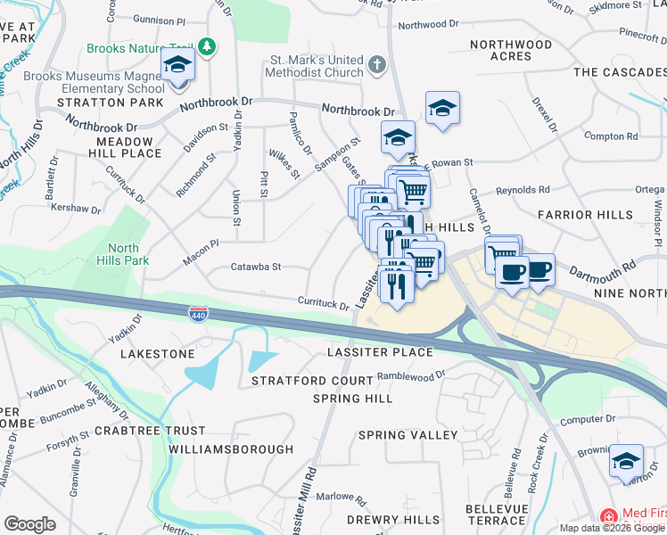 map of restaurants, bars, coffee shops, grocery stores, and more near 4122 Rockingham Drive in Raleigh