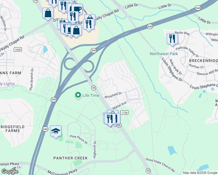 map of restaurants, bars, coffee shops, grocery stores, and more near 1624 Clayfire Drive in Cary