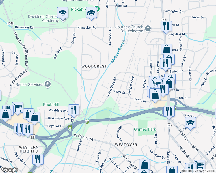 map of restaurants, bars, coffee shops, grocery stores, and more near 199 Robert Floyd Drive in Lexington