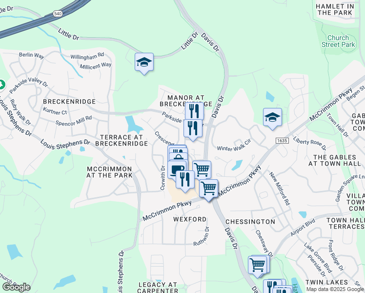 map of restaurants, bars, coffee shops, grocery stores, and more near 100 Crescendo Drive in Morrisville