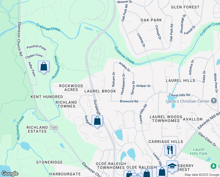 map of restaurants, bars, coffee shops, grocery stores, and more near 4013 Balsam Drive in Raleigh