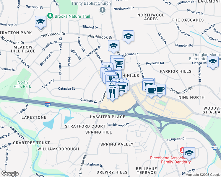 map of restaurants, bars, coffee shops, grocery stores, and more near 4381 Lassiter at North Hills Avenue in Raleigh