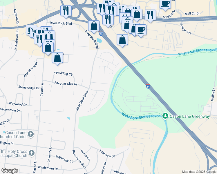 map of restaurants, bars, coffee shops, grocery stores, and more near 2302 Racquet Club Drive in Murfreesboro