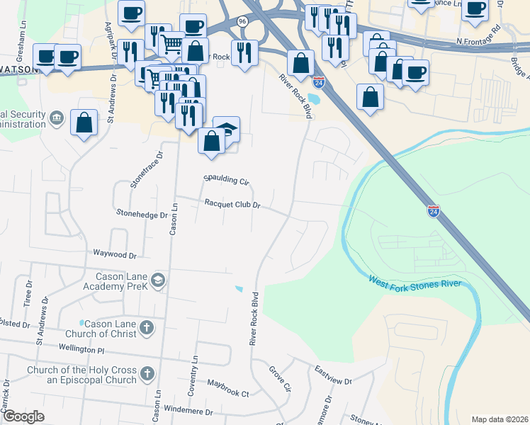 map of restaurants, bars, coffee shops, grocery stores, and more near 2413 Racquet Club Drive in Murfreesboro