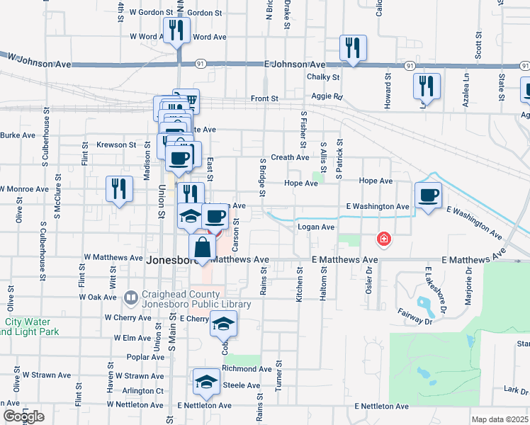 map of restaurants, bars, coffee shops, grocery stores, and more near 611 East Washington Avenue in Jonesboro