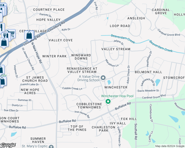 map of restaurants, bars, coffee shops, grocery stores, and more near 4605 Treadstone Court in Raleigh