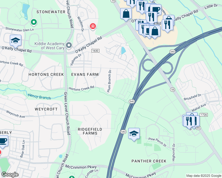 map of restaurants, bars, coffee shops, grocery stores, and more near 4108 Plum Branch Drive in Cary