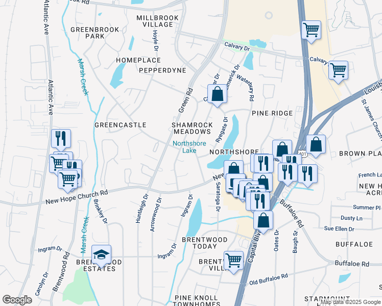 map of restaurants, bars, coffee shops, grocery stores, and more near 4205 Pittsford Road in Raleigh