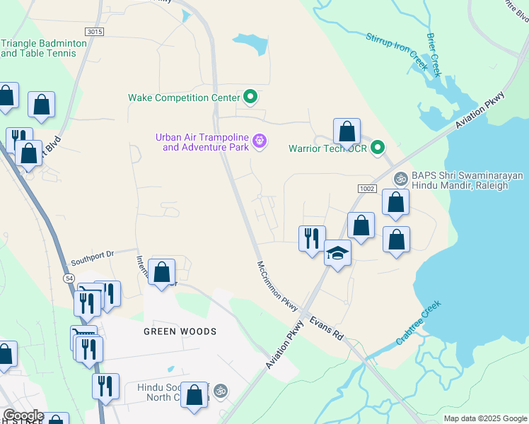 map of restaurants, bars, coffee shops, grocery stores, and more near 909 Athletic Lane in Morrisville