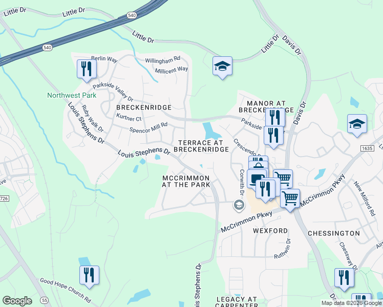 map of restaurants, bars, coffee shops, grocery stores, and more near 100 Canyon Lake Circle in Morrisville