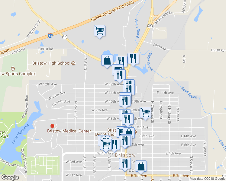 map of restaurants, bars, coffee shops, grocery stores, and more near 141 West 11th Avenue in Bristow