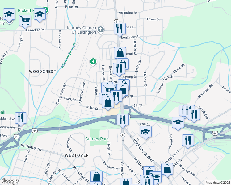 map of restaurants, bars, coffee shops, grocery stores, and more near 274 Broad Street in Lexington