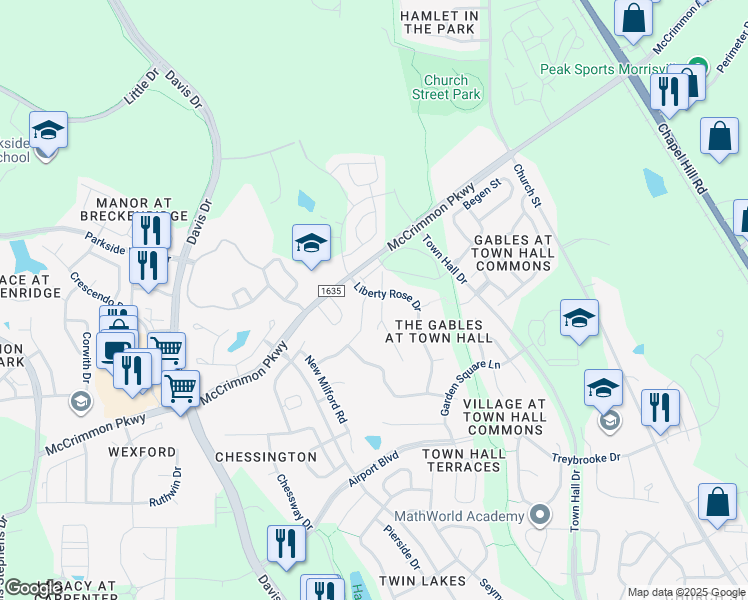 map of restaurants, bars, coffee shops, grocery stores, and more near 154 Liberty Rose Drive in Morrisville