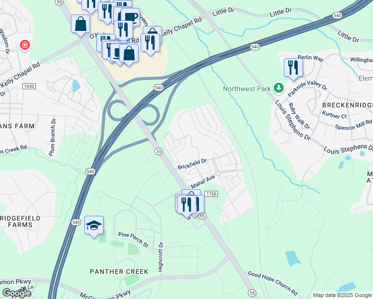 map of restaurants, bars, coffee shops, grocery stores, and more near 1624 Clayfire Drive in Cary