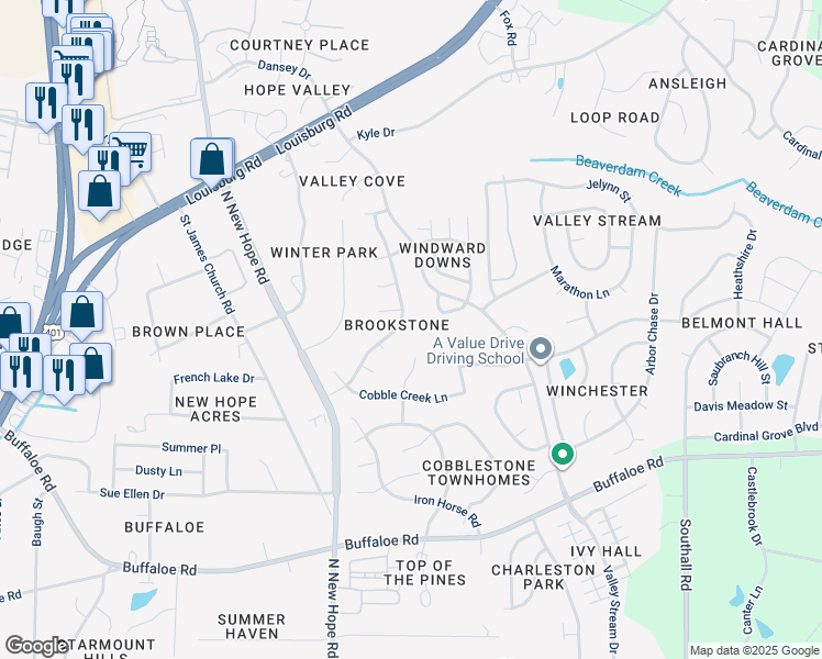 map of restaurants, bars, coffee shops, grocery stores, and more near 4308 Fawn Glen Drive in Raleigh