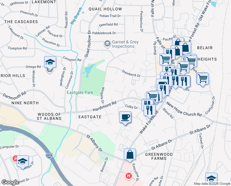 map of restaurants, bars, coffee shops, grocery stores, and more near in Raleigh