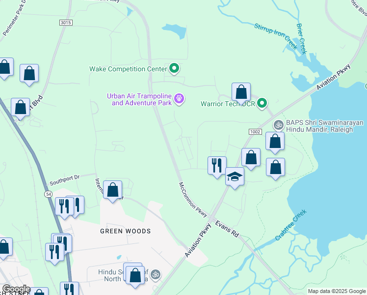 map of restaurants, bars, coffee shops, grocery stores, and more near 101 Southcenter Court in Morrisville