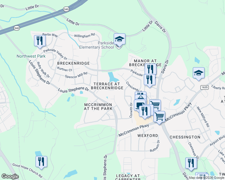 map of restaurants, bars, coffee shops, grocery stores, and more near 614 Canyon Lake Circle in Morrisville