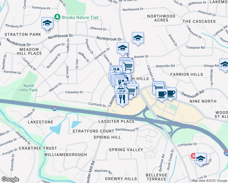 map of restaurants, bars, coffee shops, grocery stores, and more near 4201 Pamlico Drive in Raleigh