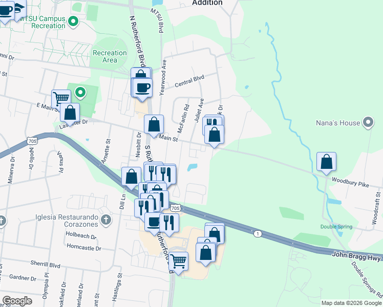 map of restaurants, bars, coffee shops, grocery stores, and more near 2506 East Main Street in Murfreesboro
