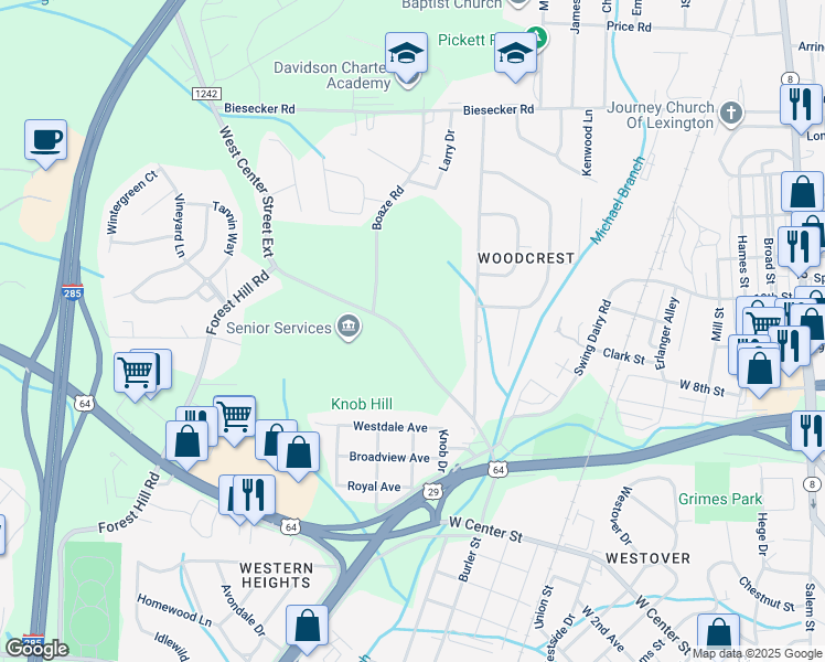 map of restaurants, bars, coffee shops, grocery stores, and more near 332 West Center Street in Lexington