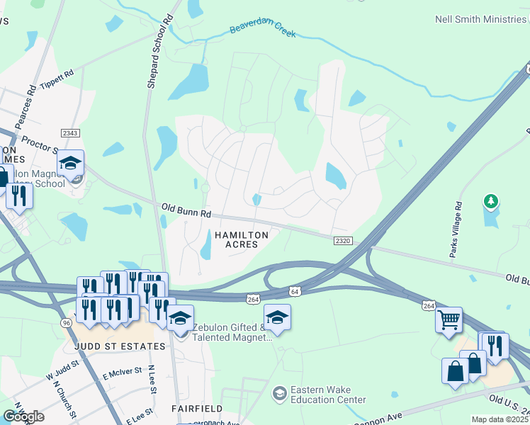 map of restaurants, bars, coffee shops, grocery stores, and more near 1121 Karial Court in Zebulon
