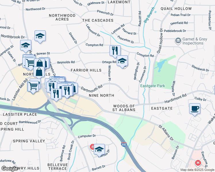 map of restaurants, bars, coffee shops, grocery stores, and more near 412 Dartmouth Road in Raleigh