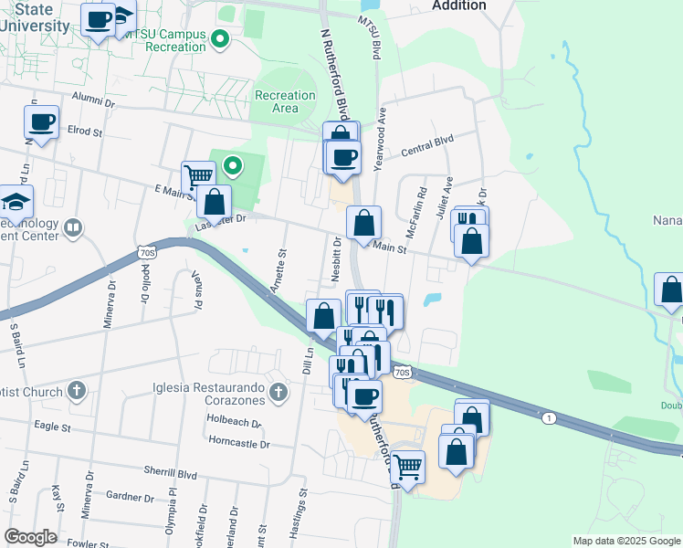 map of restaurants, bars, coffee shops, grocery stores, and more near 118 Nesbitt Drive in Murfreesboro