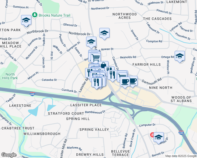 map of restaurants, bars, coffee shops, grocery stores, and more near The Circle At North Hills Street in Raleigh