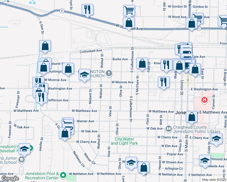 map of restaurants, bars, coffee shops, grocery stores, and more near 821 West Washington Avenue in Jonesboro