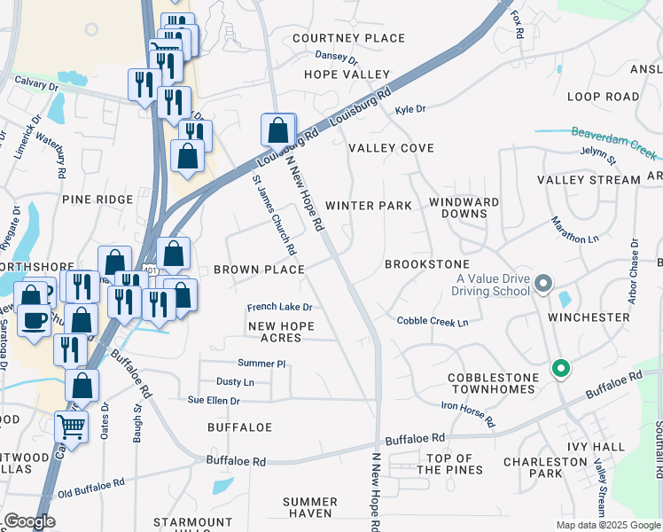 map of restaurants, bars, coffee shops, grocery stores, and more near 4114 James Road in Raleigh