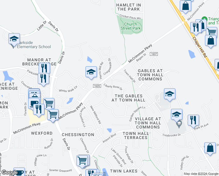 map of restaurants, bars, coffee shops, grocery stores, and more near 154 Liberty Rose Drive in Morrisville