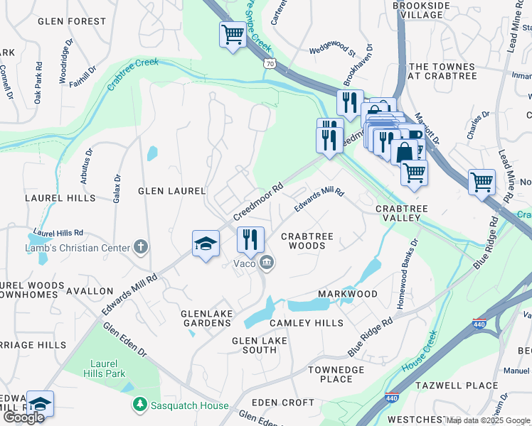 map of restaurants, bars, coffee shops, grocery stores, and more near 4519 Edwards Mill Road in Raleigh
