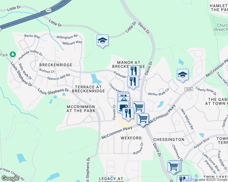 map of restaurants, bars, coffee shops, grocery stores, and more near 211 Crescendo Drive in Morrisville