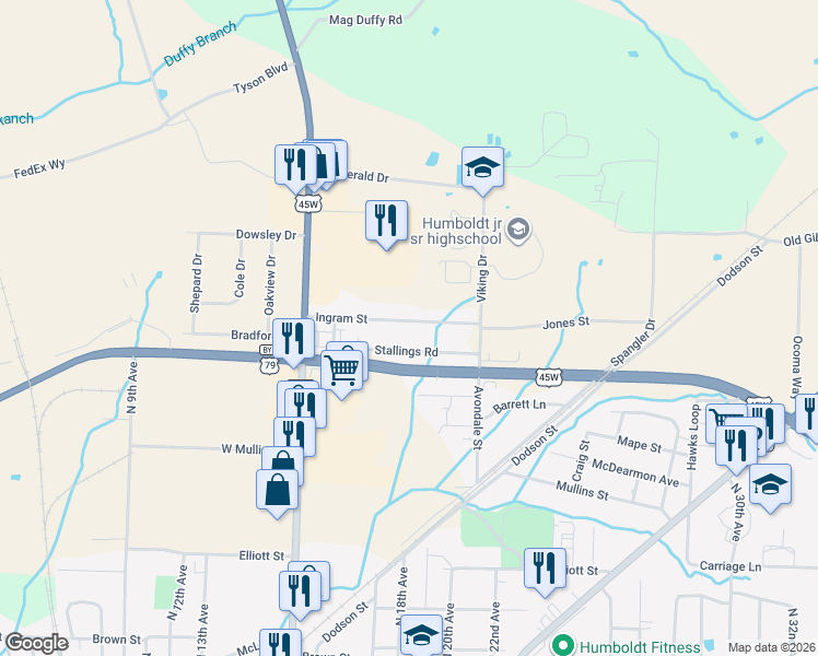 map of restaurants, bars, coffee shops, grocery stores, and more near 1800 Ingram Street in Humboldt