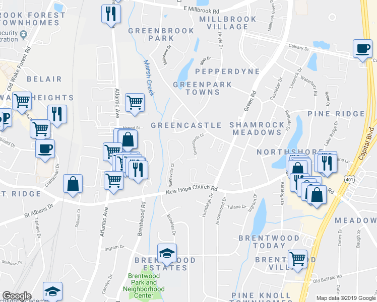 map of restaurants, bars, coffee shops, grocery stores, and more near 4200 Greencastle Court in Raleigh