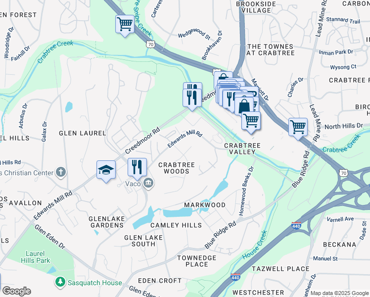 map of restaurants, bars, coffee shops, grocery stores, and more near 4801 Cornwall Place in Raleigh
