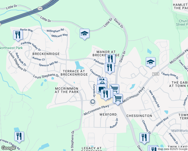 map of restaurants, bars, coffee shops, grocery stores, and more near 211 Crescendo Drive in Morrisville