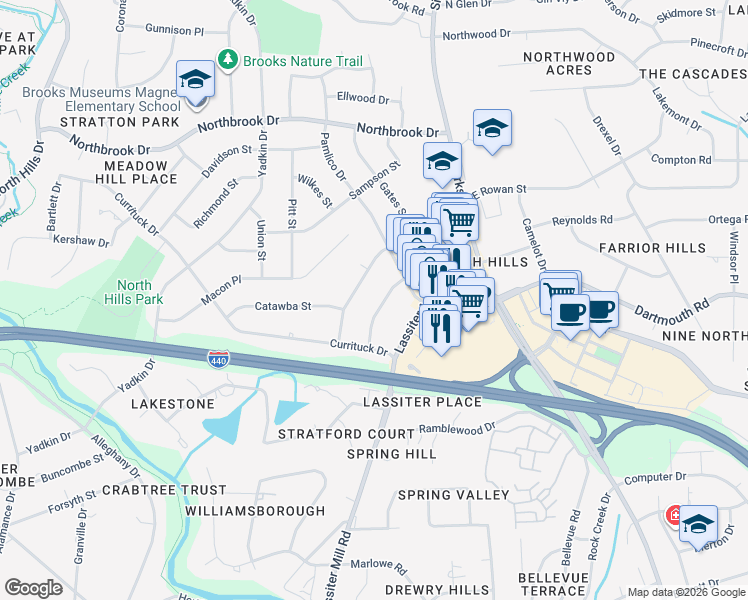 map of restaurants, bars, coffee shops, grocery stores, and more near 4122 Rockingham Drive in Raleigh