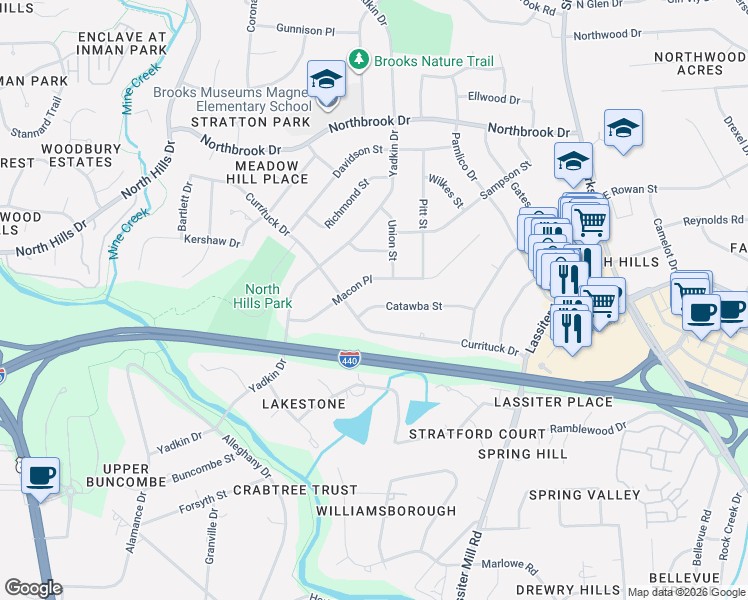 map of restaurants, bars, coffee shops, grocery stores, and more near 744 Catawba Street in Raleigh