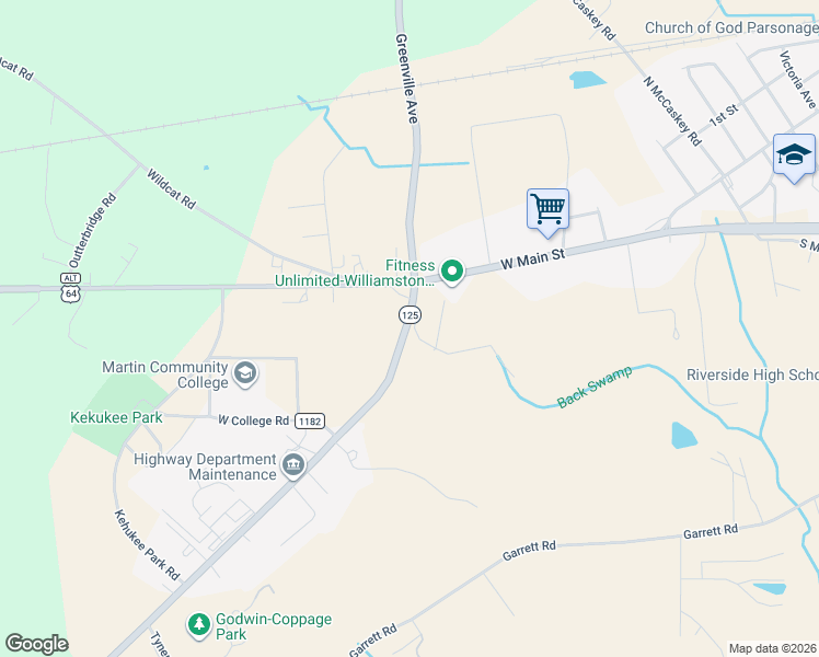 map of restaurants, bars, coffee shops, grocery stores, and more near 1091 Prison Camp Road in Williamston