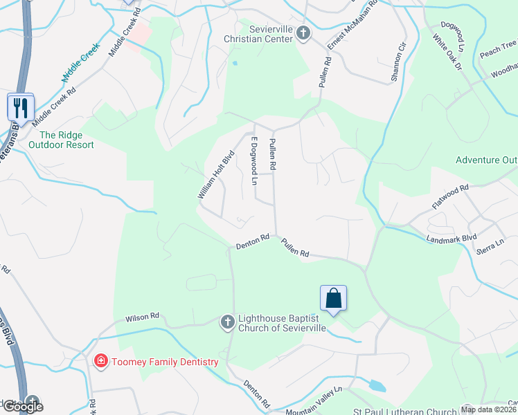 map of restaurants, bars, coffee shops, grocery stores, and more near 1483 William Holt Boulevard in Sevierville
