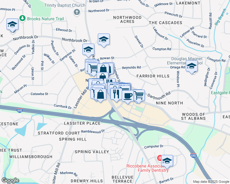 map of restaurants, bars, coffee shops, grocery stores, and more near 101 Park at North Hills Street in Raleigh