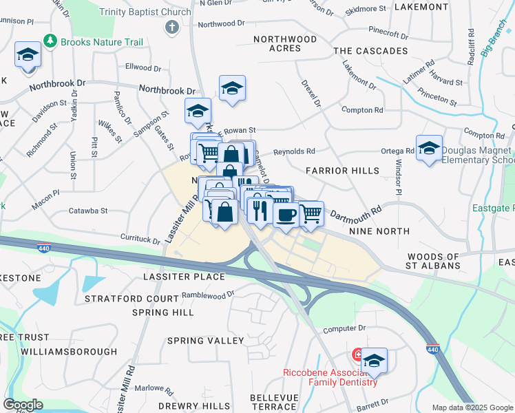 map of restaurants, bars, coffee shops, grocery stores, and more near 101 Park at North Hills Street in Raleigh