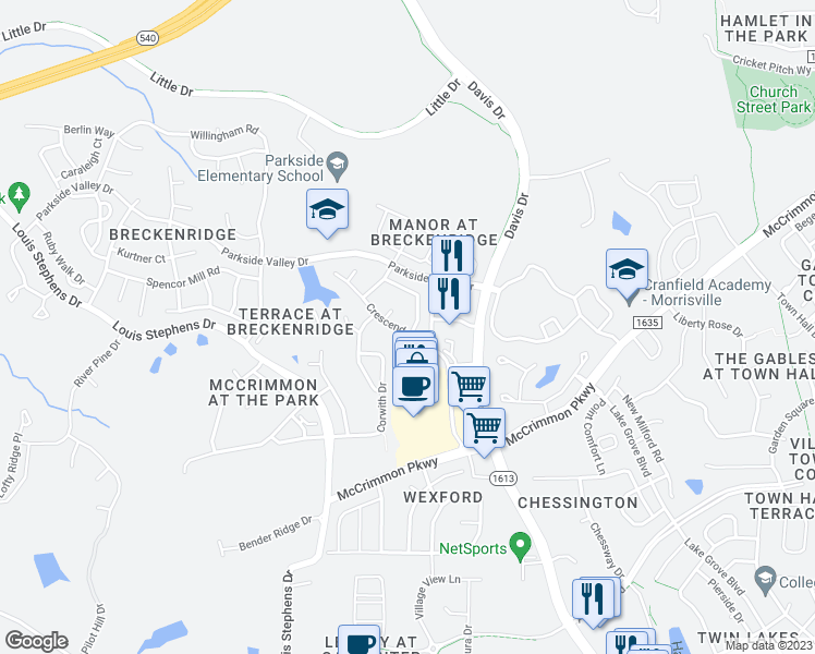 map of restaurants, bars, coffee shops, grocery stores, and more near 134 Shadow Mountain Lane in Morrisville