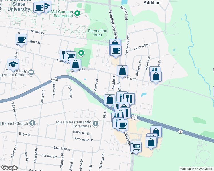 map of restaurants, bars, coffee shops, grocery stores, and more near 206 Dill Lane in Murfreesboro