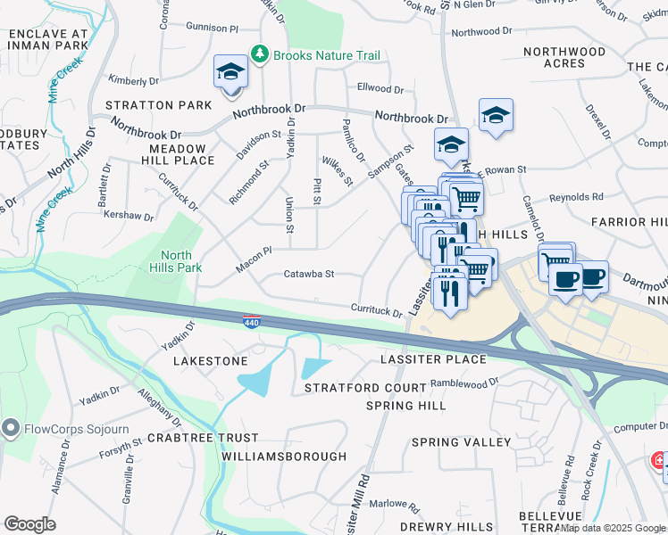 map of restaurants, bars, coffee shops, grocery stores, and more near 708 Catawba Street in Raleigh