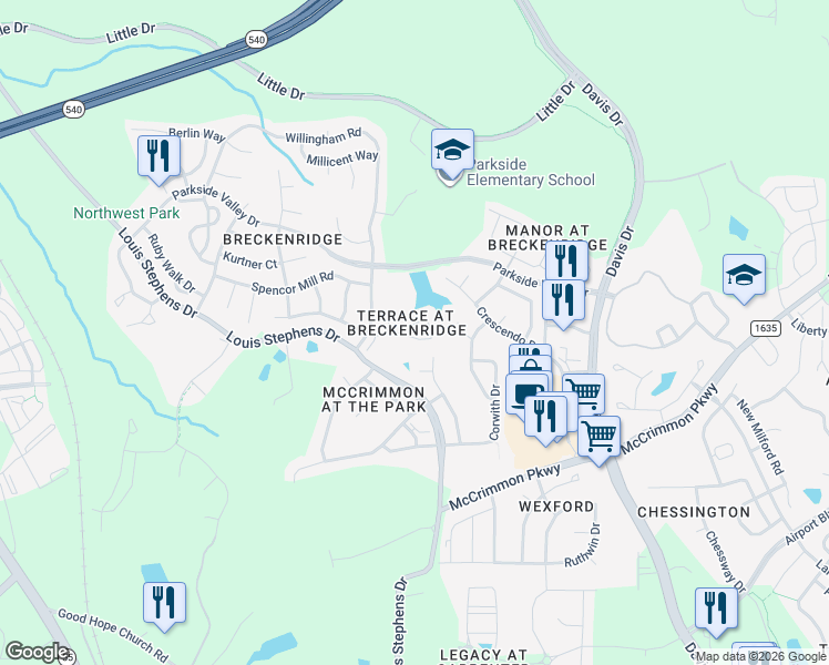 map of restaurants, bars, coffee shops, grocery stores, and more near 306 Canyon Lake Circle in Morrisville