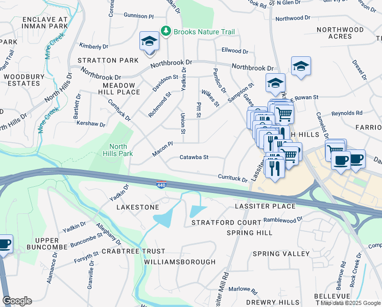 map of restaurants, bars, coffee shops, grocery stores, and more near 728 Catawba Street in Raleigh
