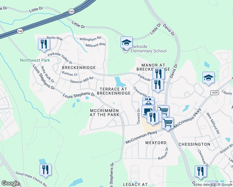 map of restaurants, bars, coffee shops, grocery stores, and more near 306 Canyon Lake Circle in Morrisville